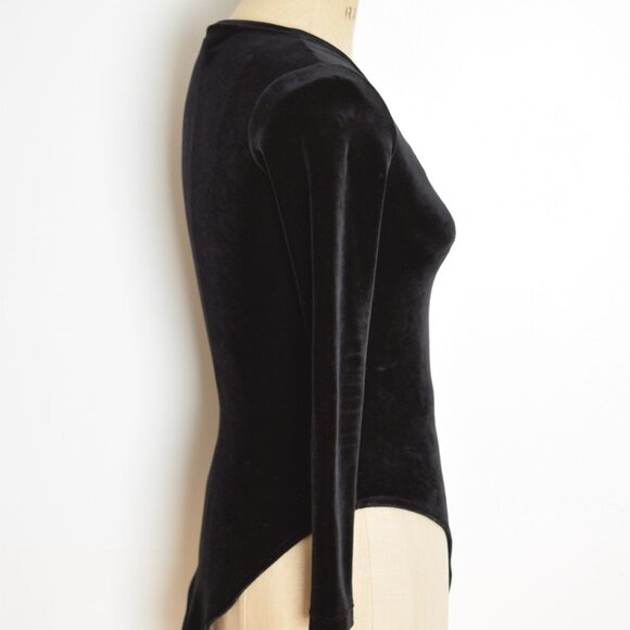 vintage 90s bodysuit black stretch velvet long sleeve grunge one piece top XS S - Picture 5 of 8